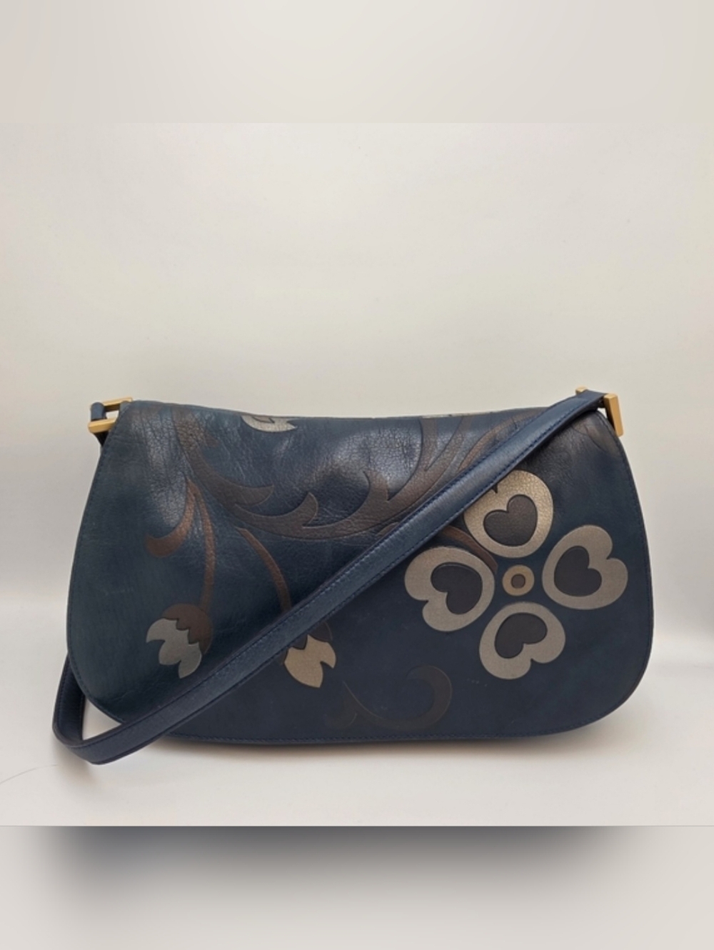 Vintage Gianfranco Sisti Blue Leather Shoulder Bag Floral Embossed Made in Italy